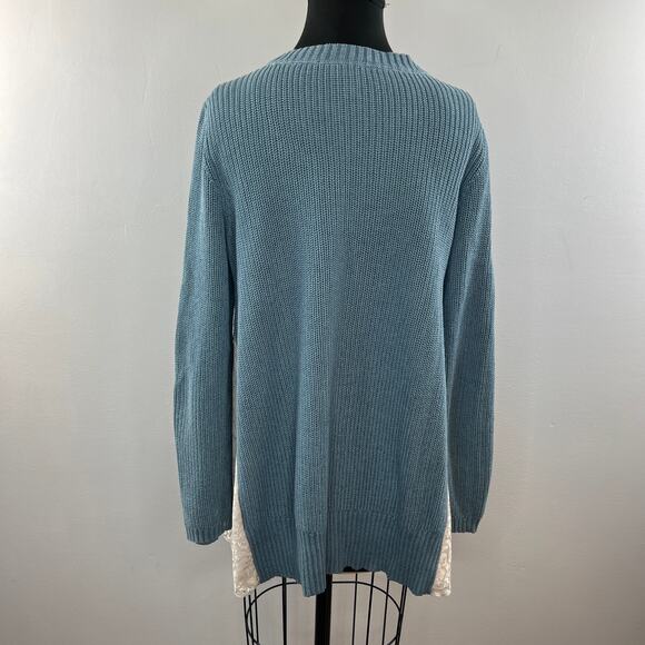 LOGO Lori Goldstein Blue Cotton Blend Asymmetric Sweater w/ Lace Godets Size M - Picture 7 of 10